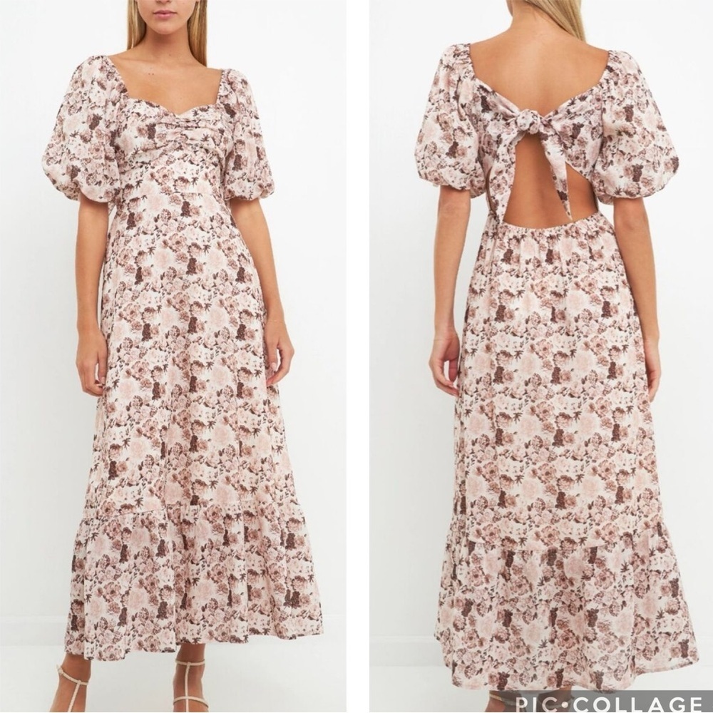English Factory Beige Floral Linen Blend Floral Puff Sleeve Tie Back Maxi Dress